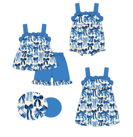 Girls Blue Ruffle Strap Bow Tunic Short Set Cute Straps Top Bottoms Matching Outfit Children's Clothing Set
