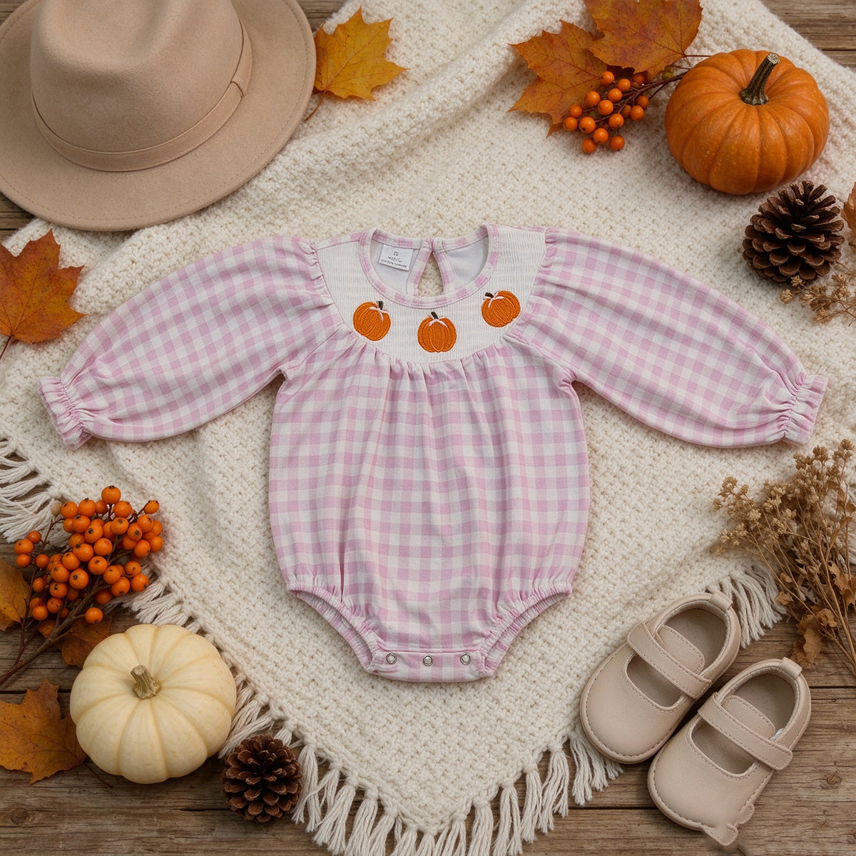 RTS NO MOQ （In stock）milk silk LR310S mocked Pumpkins Baby Girls Pink Checked Fall Ruffle Rompers
