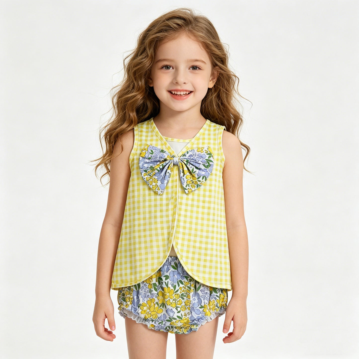 GBO0504 RTS NO MOQ （In stock）Sleeveless yellow plaid top floral bummies baby girls set