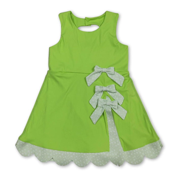 RTS NO MOQ Sibling yoga fabric Baby Girls Bow Scallop Trim Knee Length  Athletic Short Dress