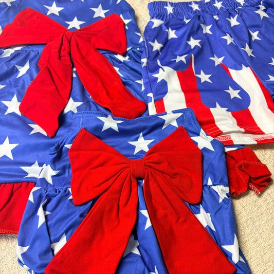 5.5 RTS Sibling Blue straps stars ruffle bow baby kids 4th of july dresses shorts and romper