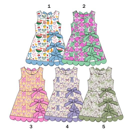 CUSTOM MOQ 5 mix size Girls Sleeveless A‑Line Dress Bow Scallop Summer Kids Dresses