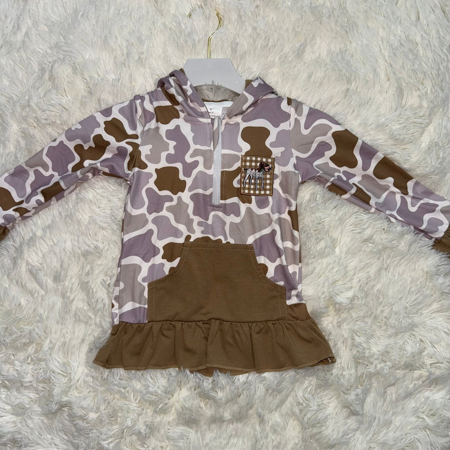 10.30 RST GT1134 Embroidery Dog Ducks Baby Girls Brown Camo Pocket Zip Hunting Hoodies Top
