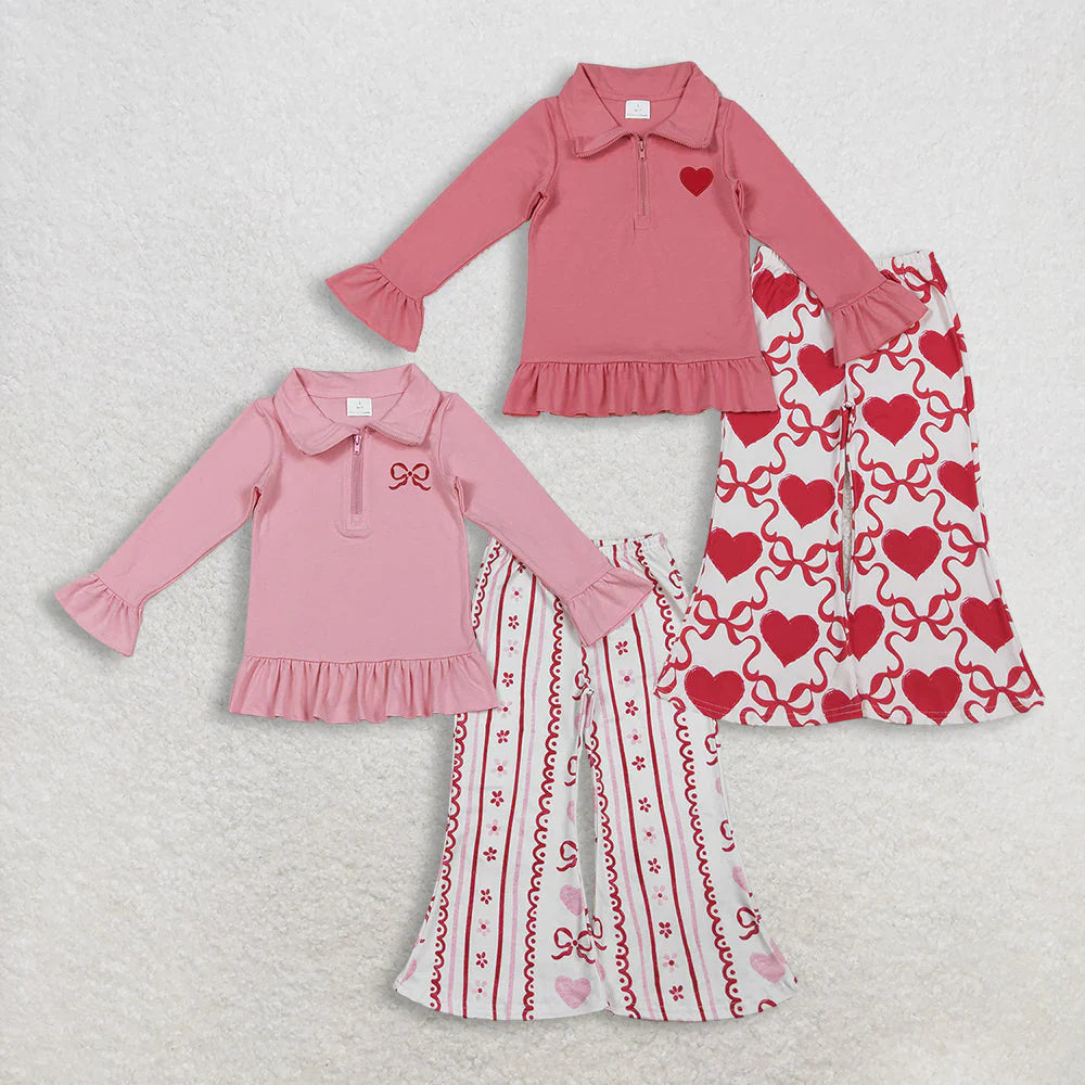 11.20 RTS Sibling Baby Girls Embroidery Hearts Bows Zip Pullovers Flare Pants Valentines Clothes Sets