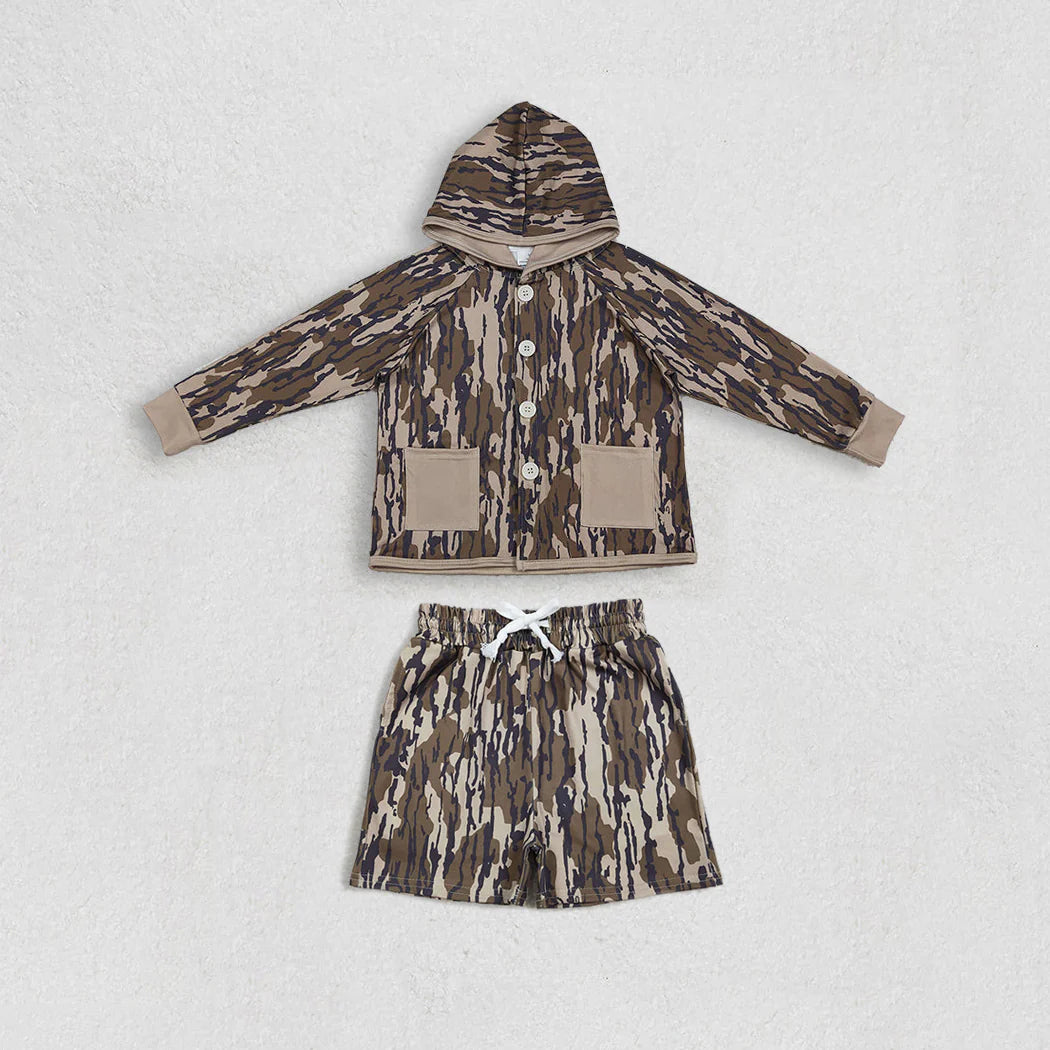 12.17 RTS Sibling Baby Boys Southern Camo Button Pockets Hoodies Shorts Hunting Clothes Sets