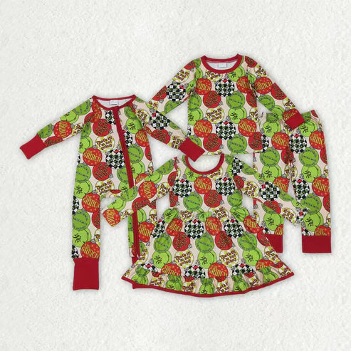 10.10 RTS Sibling Baby Boys Girls Grin Lights Christmas Pajamas Set Knee Length Dress Zipper Footie Rompers