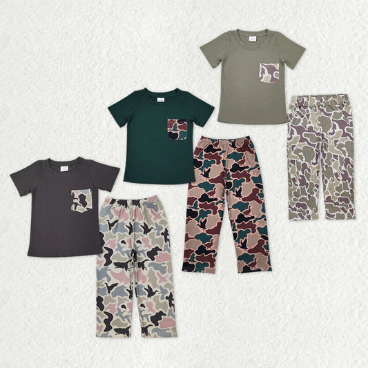 12.18 RTS Sibling Baby Boys Short Sleeve Pocket Top Southern Hunting Camo Pants Clothes Sets