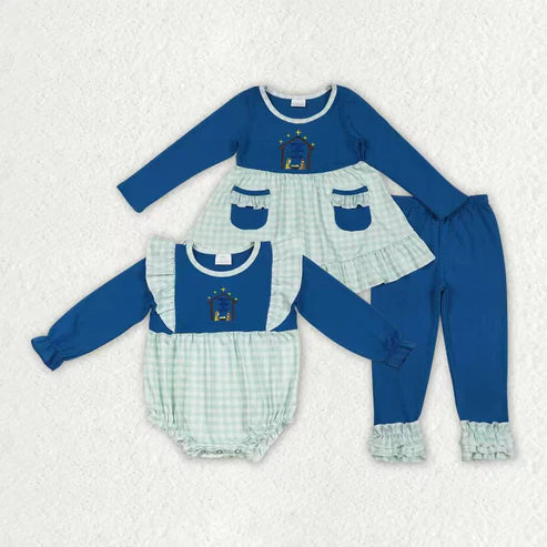 9.17 RTS Sibling Baby Girls Embroidery Nativity Pockets Ruffle Pants Christmas Clothes Set Rompers