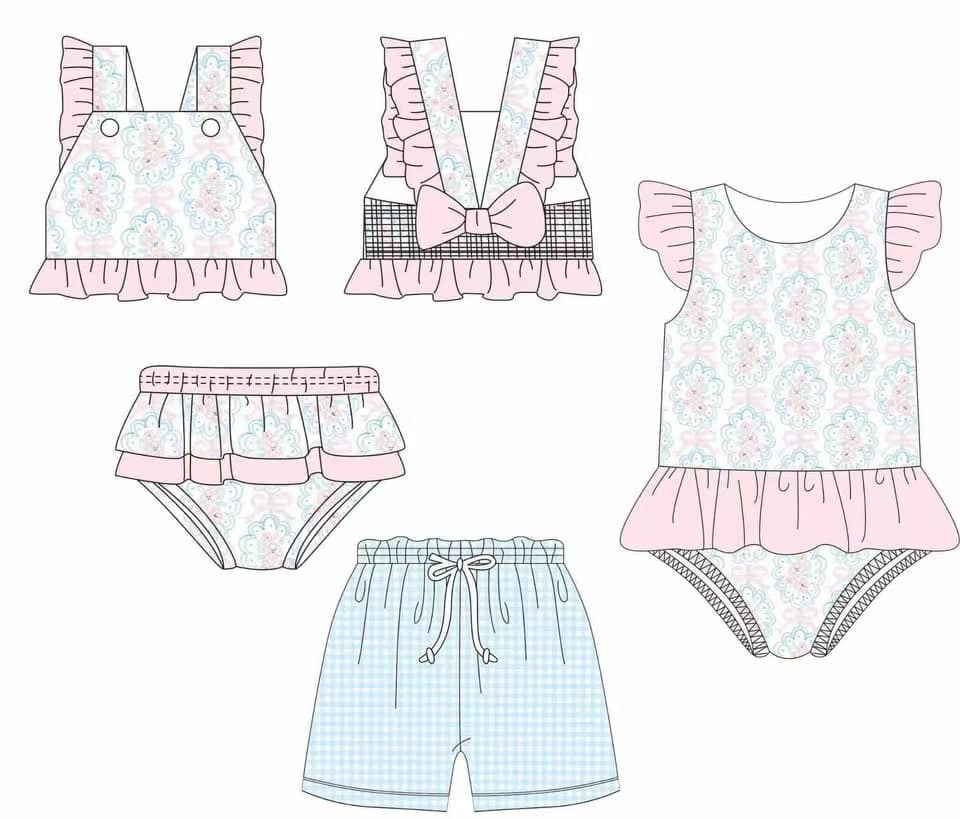 Pink ruffle bow floral two pieces girls swimsuit