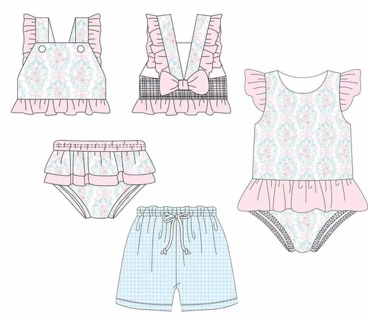 Pink ruffle bow floral two pieces girls swimsuit