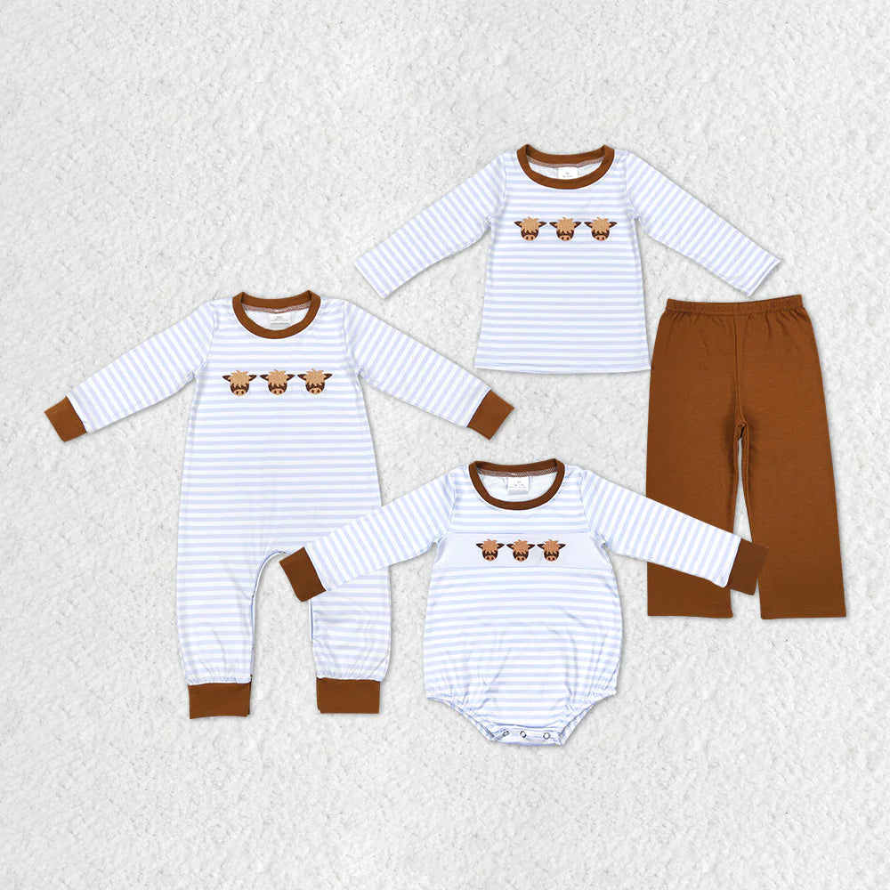 11.19 RTS Sibling Baby Boys Stripe Embroidery Highland Cows Pants Western Clothes Sets Rompers
