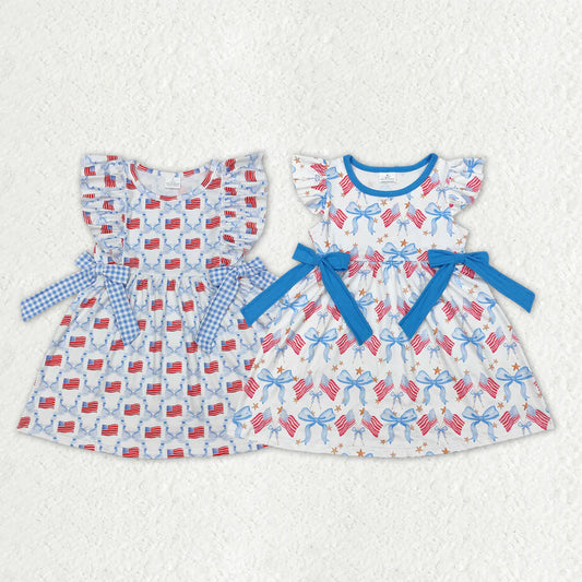 3.18 RTS Sibling Baby Girls Flutter Sleeve Flags Bows Stars 4th of July Ruffle Knee Length Dresses
