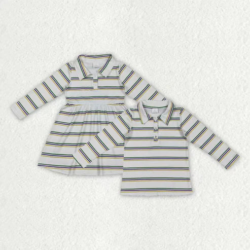 10.29 RTS Sibling Baby Girls Mardigras Stripe Button Knee Length Dresses Polo Shirts Top