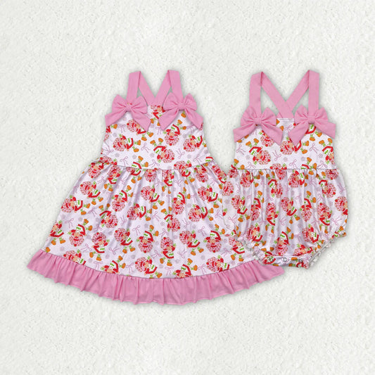 11.10 RTS Sibling Baby Girls Pink Strap Bows Strawberry Floral Knee Length Dresses Rompers