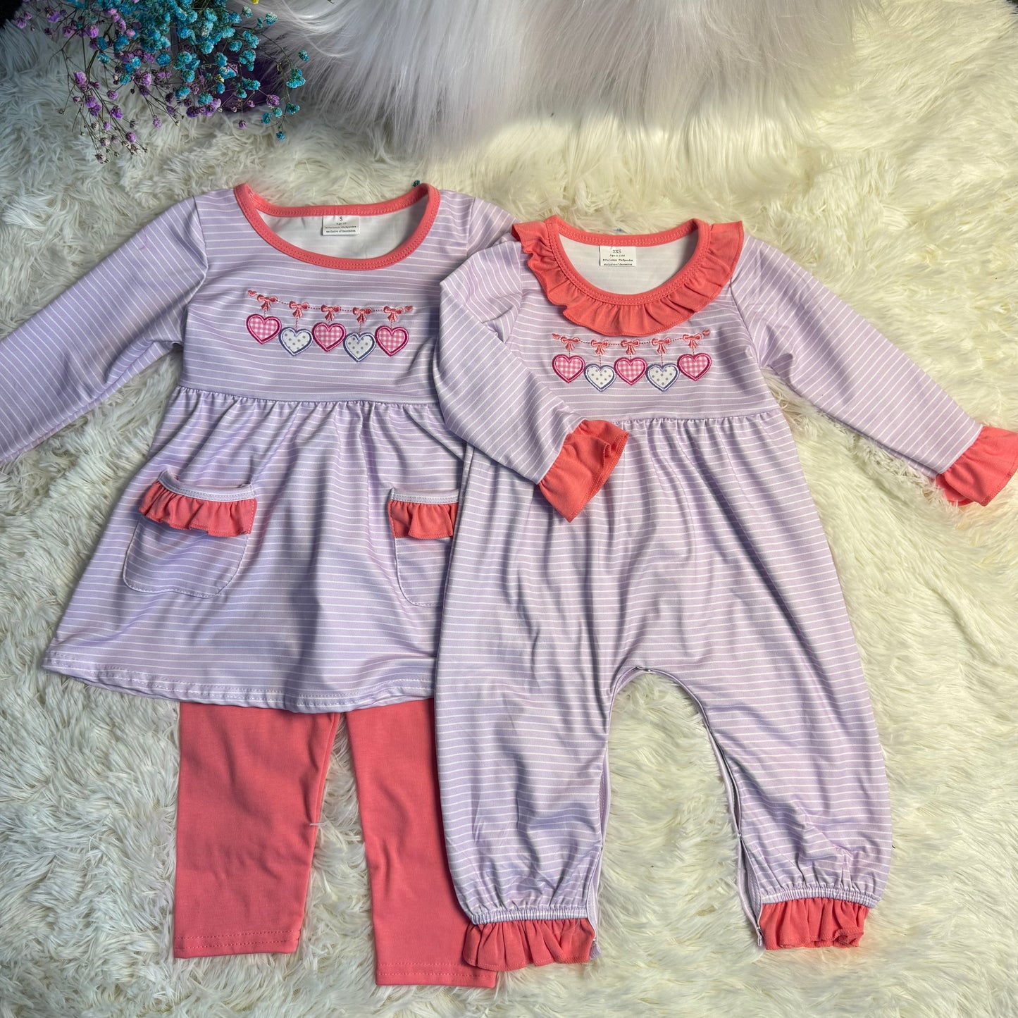 12.1 RTS Sibling Baby Girls Embroidery Bows Hearts Stripe Leggings Valentines Clothes Sets Rompers