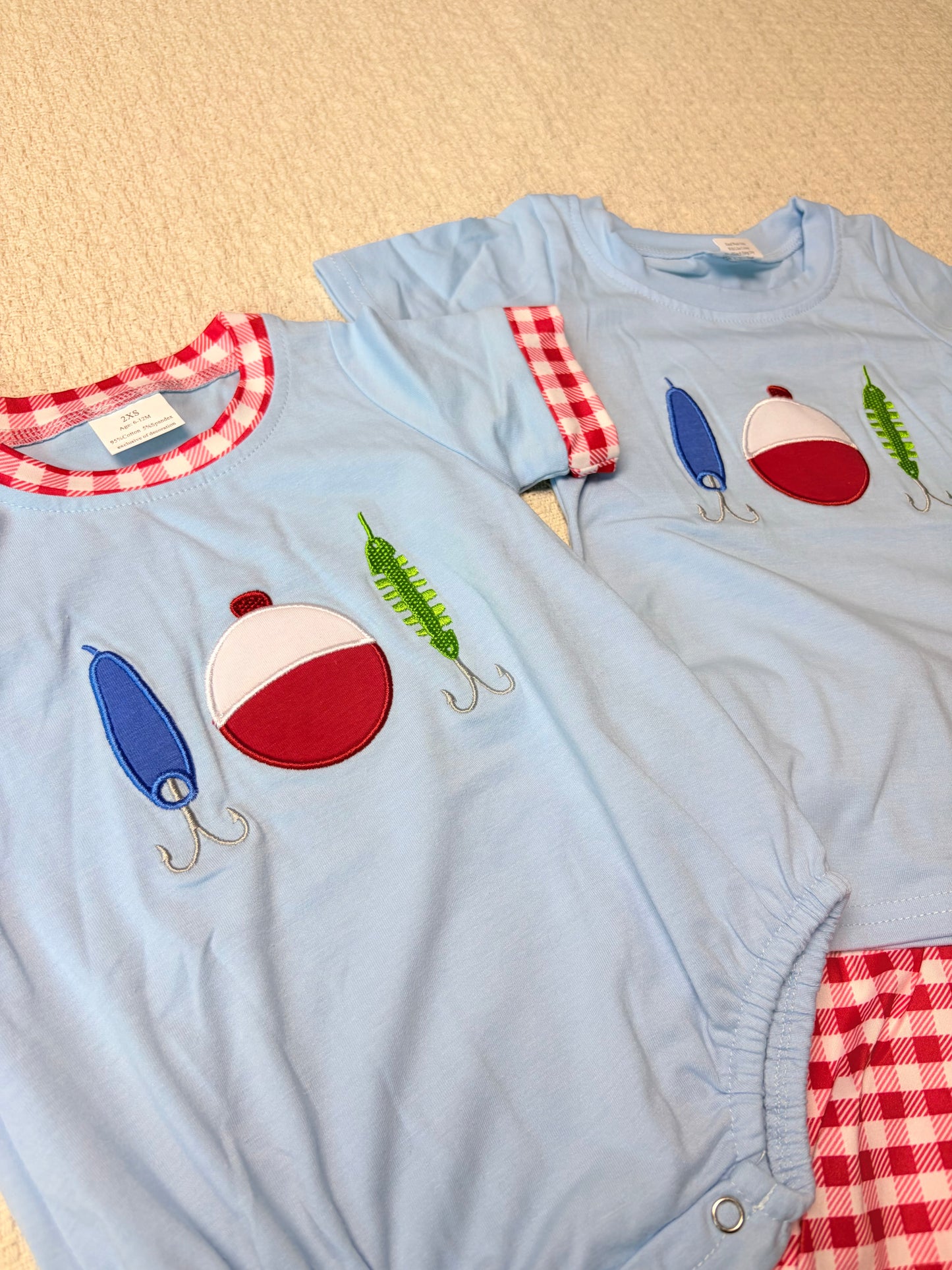 0430 RTS Sibling Short sleeves fishing lure embroidery kids boys outfits and romper