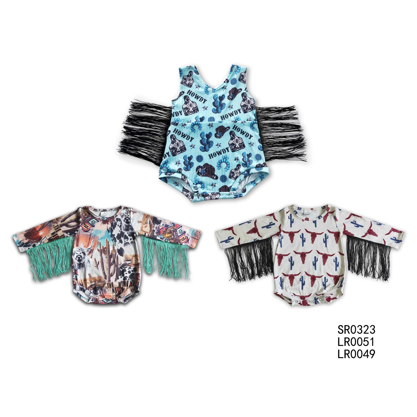 SR0323 LR0051 LR0049 Baby Girls Western Tassel Howdy Rompers：Short sleeve &long sleeve