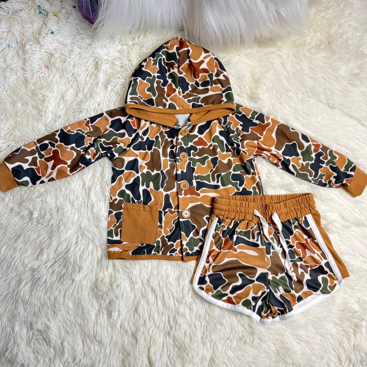 12.26 RST BT1442 + SS0742  Baby Boys Southern Dark Brown Camo Button Pockets Hoodie Jackets Top Camo Shorts Bottom