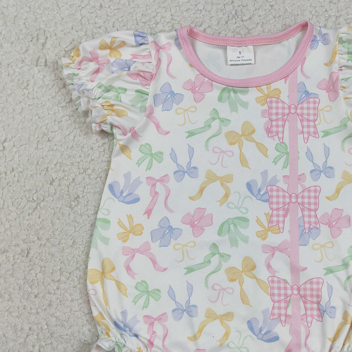 3.13 RTS NO MOQ （In stock）SR3672 Children's Fashion Romper Baby Girls Short Sleeve Colorful Bows Button Ruffle Rompers