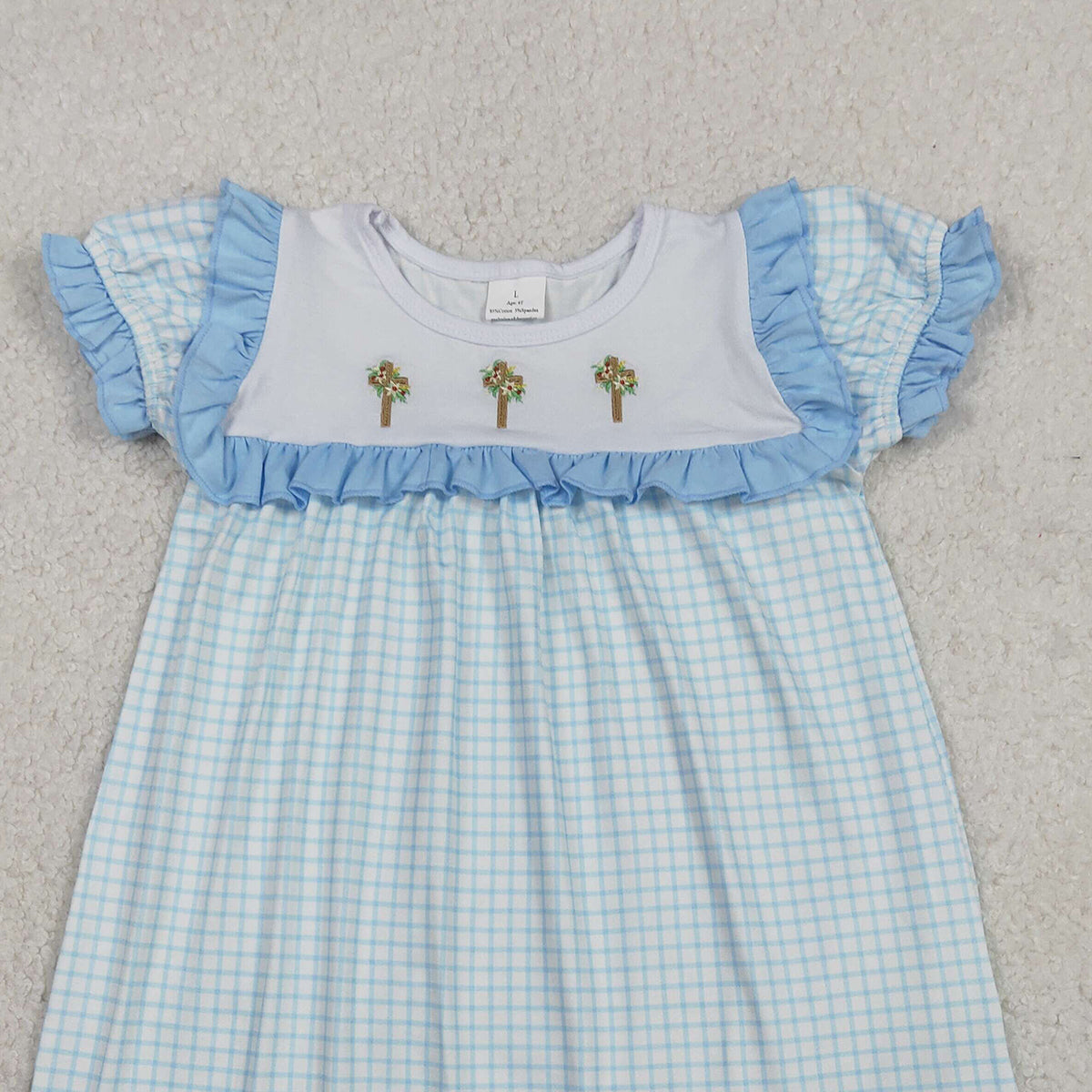 12.12 RTS NO MOQ （In stock）GSD2851 Embroidery Crosses Baby Girls Blue Checked Easter Knee Length Dresses