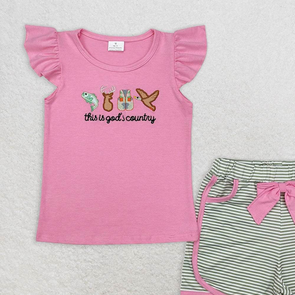 GSSO1614RTS NO MOQ Baby Girls Summer Outfits Baby Girls Embroidery God Country Hunting Shirt Bow Shorts Clothes Sets