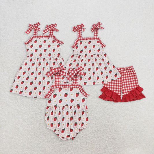 6.24 RTS NO MOQ Floral strawberry plaid tunic ruffle shorts girls clothes dress rompers