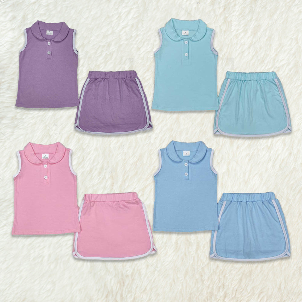 Kids Girls Light Blue Cotton Sleeveless Polo Shirt Skirt Set - Breathable Comfortable Children's Clothing