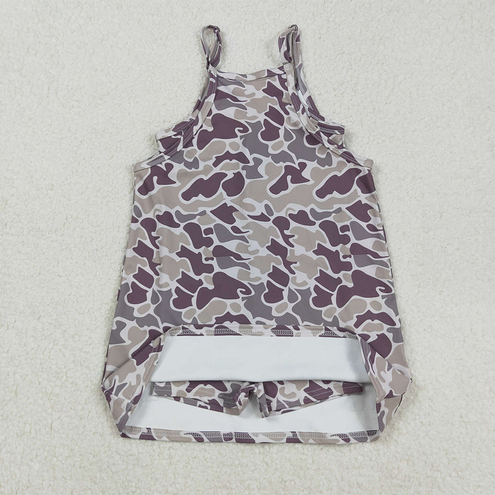 RTS NO MOQ （In stock）GSD2719 Baby Girls Yoga Dress Gray Camo Knee-Length Dress with Pockets Strap Yoga Dress for Girls