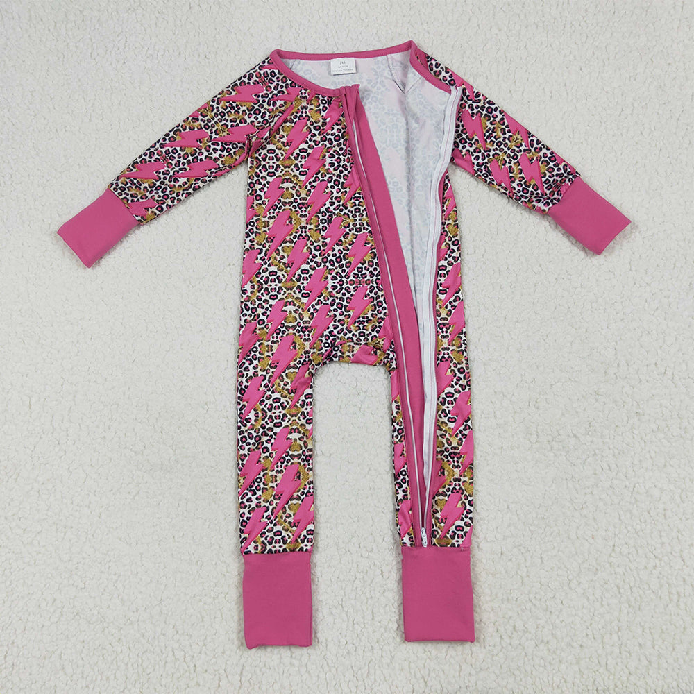 RTS NO MOQ （In stock） LR2250 Baby Girls Winter Rompers Baby Girls Western Pink Lightning Leopard Zipper Rompers