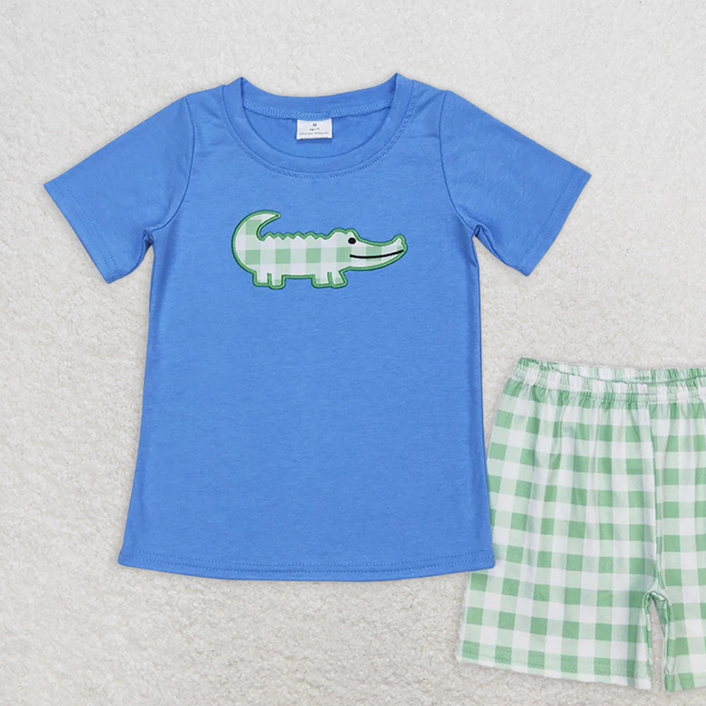 BSSO0736 RTS NO MOQ Baby Boys Summer Boys Outfits Baby Girls Crocodile Shirt Green Checkered Sibling Shorts Clothes Sets