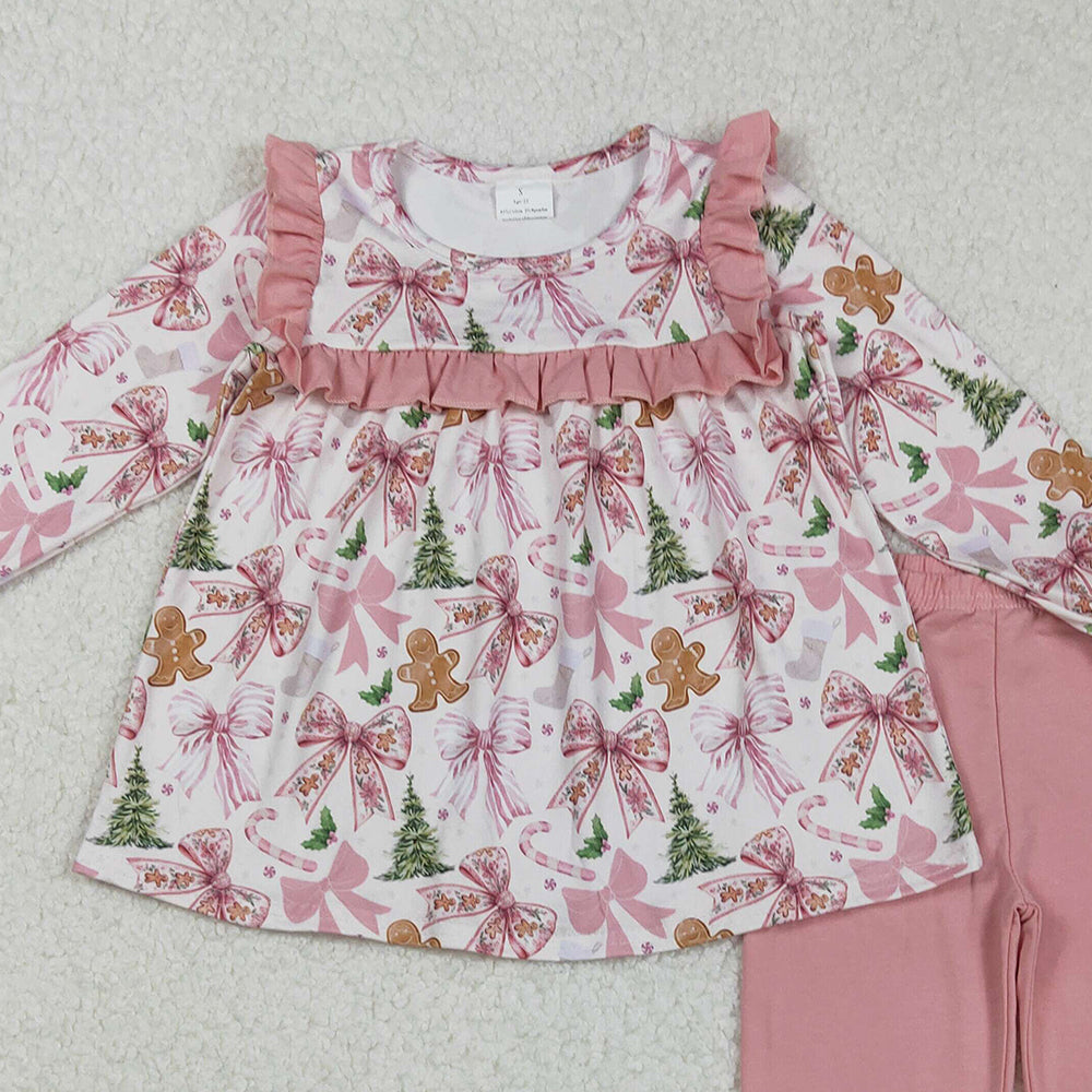 RTS NO MOQ （In stock）GLP2541 Baby Girls Winter Outfits Pink Bow Gingerbread Tunic Pants Set Christmas Theme Clothing for Kids
