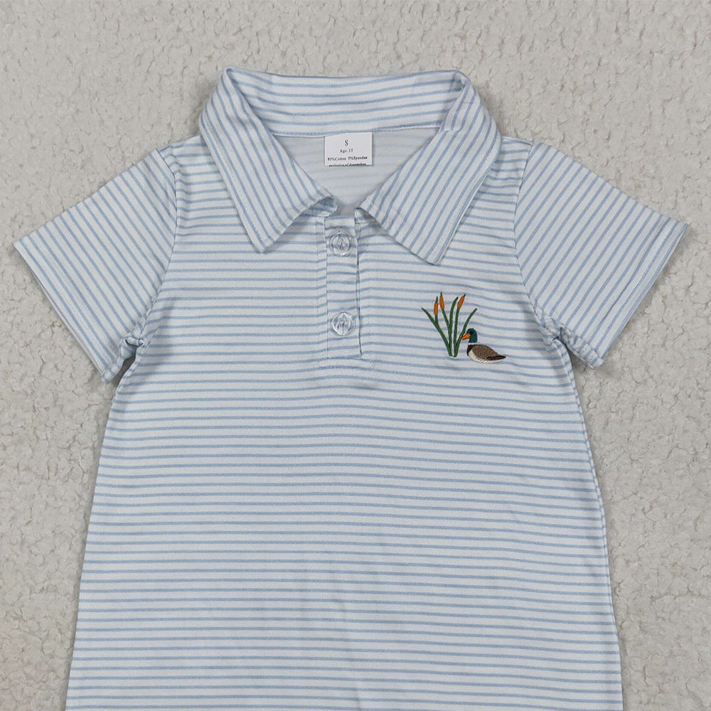 RTS NO MOQ （In stock）SR3149 Baby Boys Summer Rompers Embroidery Baby Boys Blue Stripe Short Sleeves Duck Button Shorts Rompers