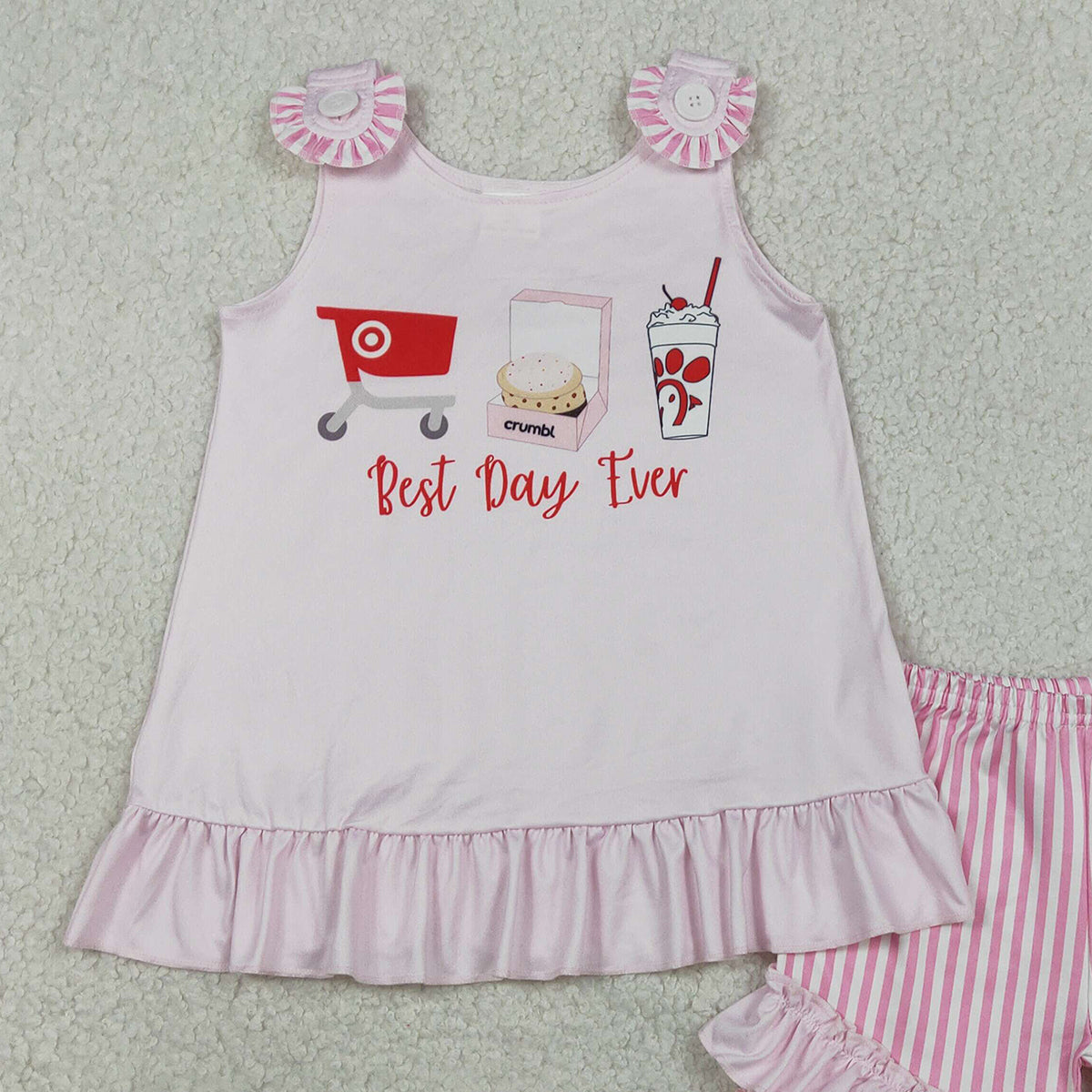 1.21 RTS NO MOQ （In stock）GSSO3008 Baby Girls Best Day Ever Chicken Tunic Stripe Ruffle Shorts Clothes Sets
