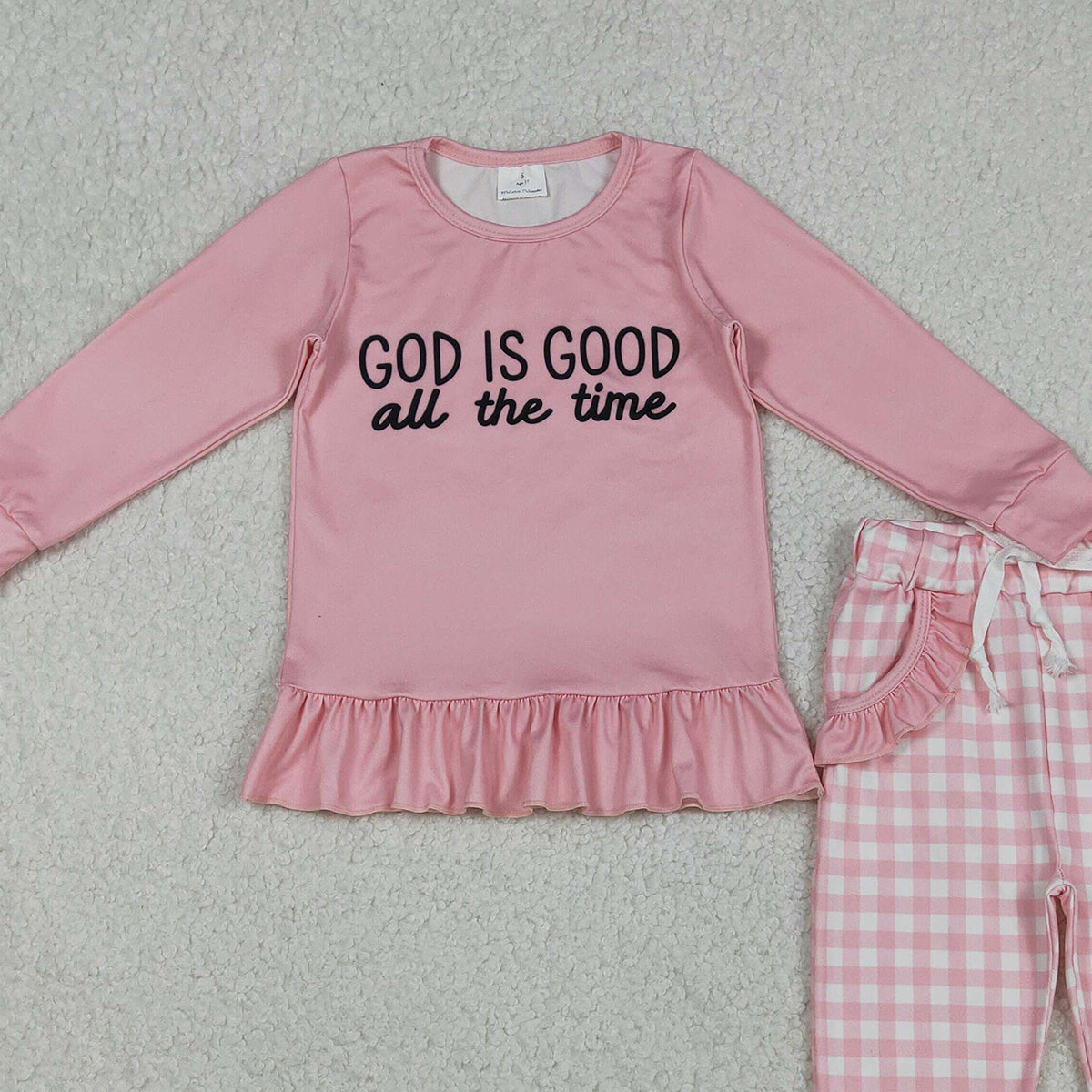 12.4 RTS NO MOQ （In stock）GLP3038 Baby Girls God is Good Ruffle Top Checked Pockets Jogger Pants Clothes Sets