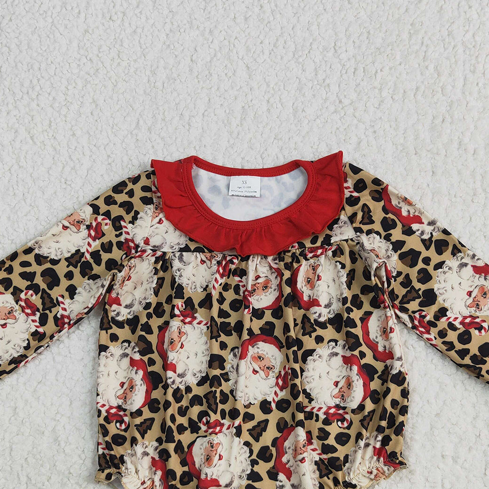 8.13   LR2237 RTS NO MOQ Baby Girls Winter Rompers Baby Girls Long Sleeves Leopard Santa Ruffle Rompers