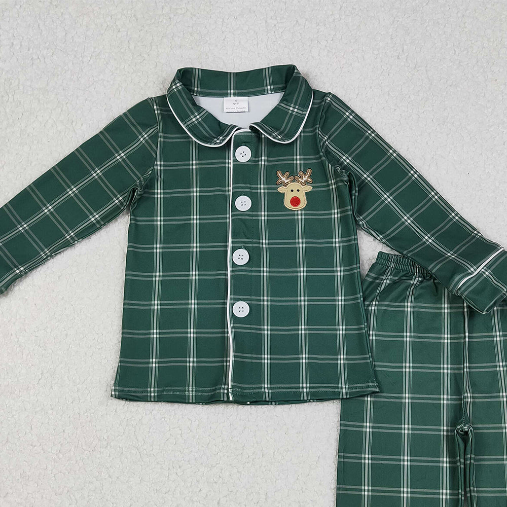 RTS NO MOQ （In stock）BLP0545 Baby Boys Winter Outfits Christmas Checkered Deer Buttons Top Pants Pajamas Sets