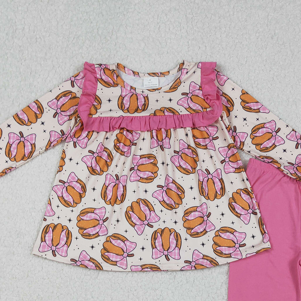 RTS NO MOQ （In stock）GLP2348 Baby Girls Winter Outfits Girls Long Sleeve Pumpkin Bow Tunic Pants Outfit Cute Fall Kids Clothing Set