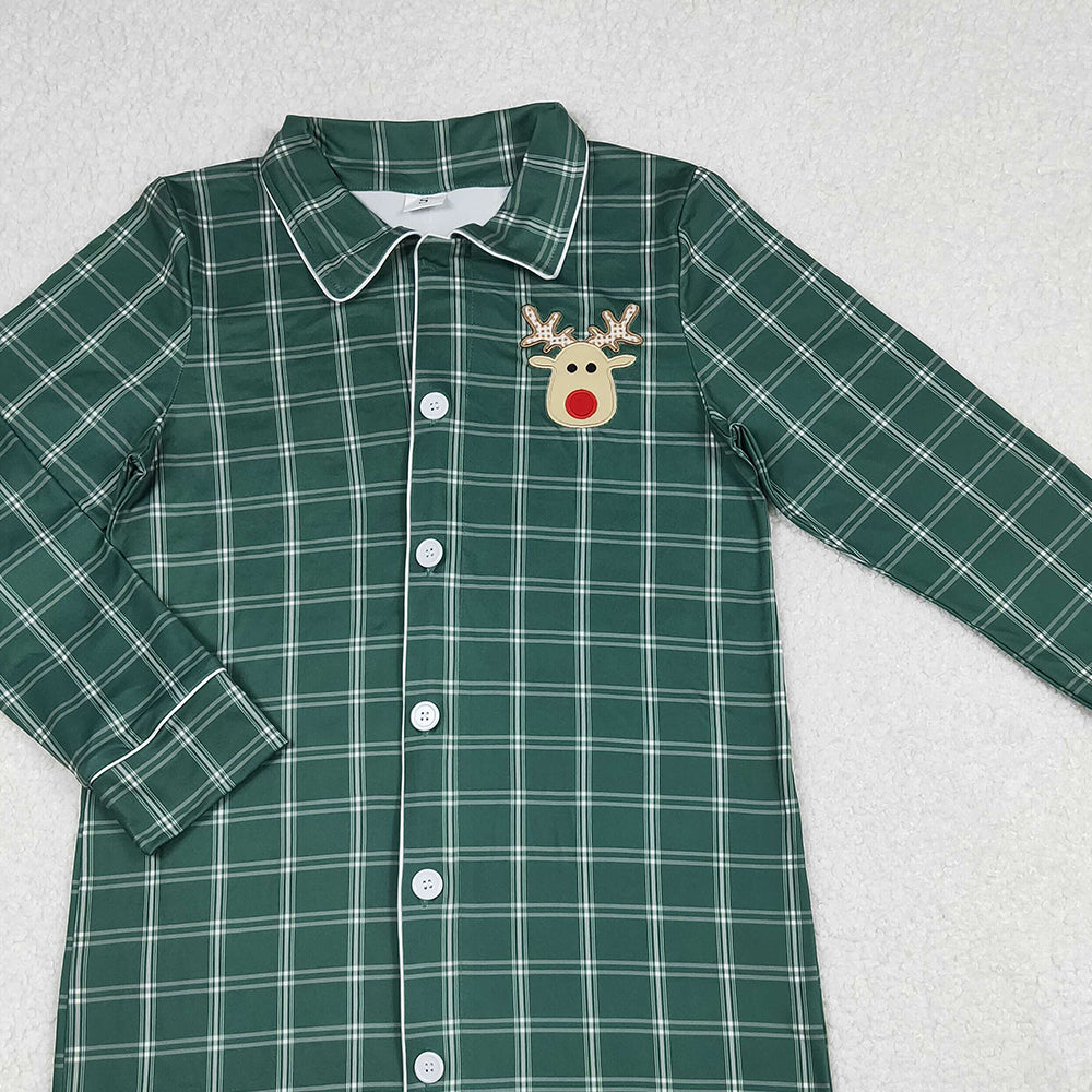 9.29  RTS NO MOQ （In stock）GT0621 Embroidery Deer Adult Women Green Checked Christmas Tops Sleep Wears