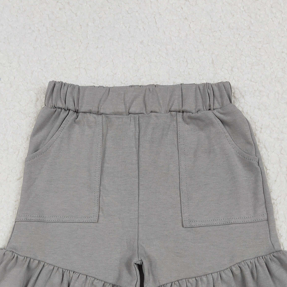 7.06 SS0563 RTS NO MOQ Baby Girls Summer Shorts Baby Girls Gray Pockets Summer Cotton Ruffle Short Bottoms