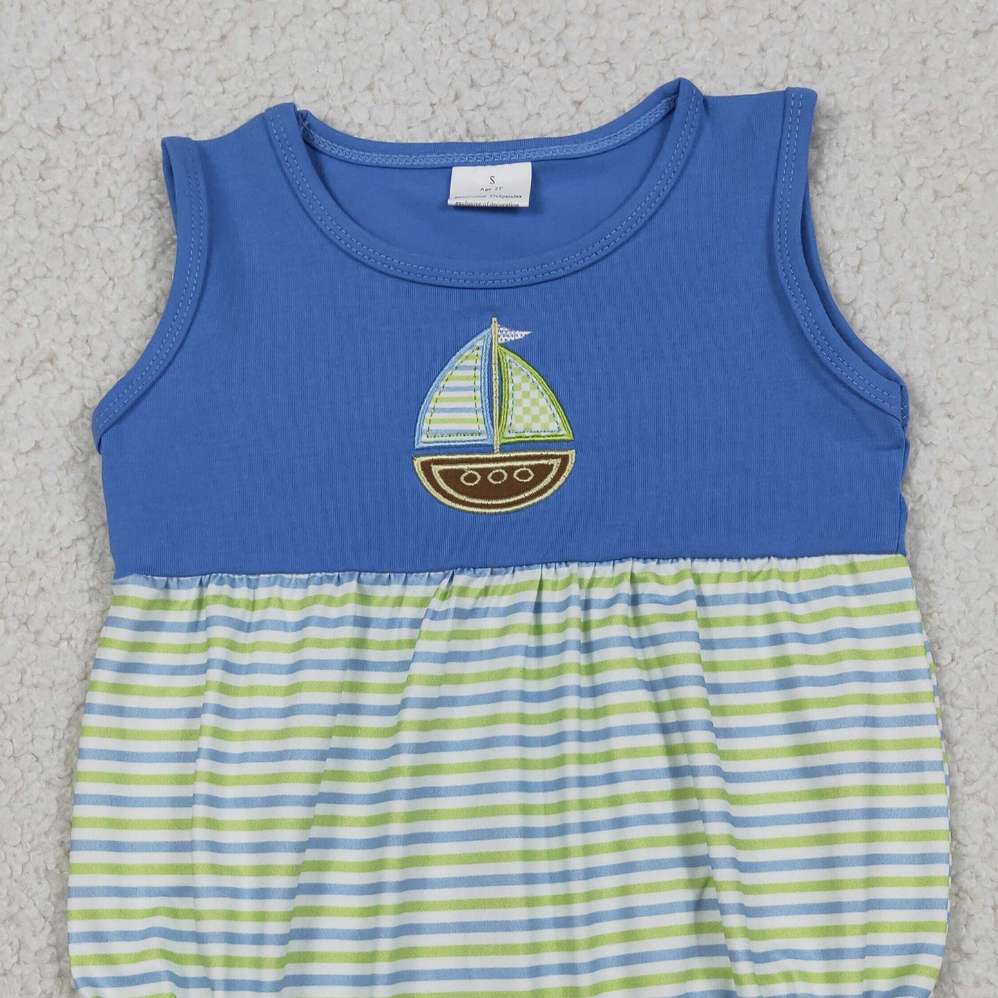 SR3892 RTS NO MOQ （In stock）Sleeveless boat embroidery stripe baby boy romper