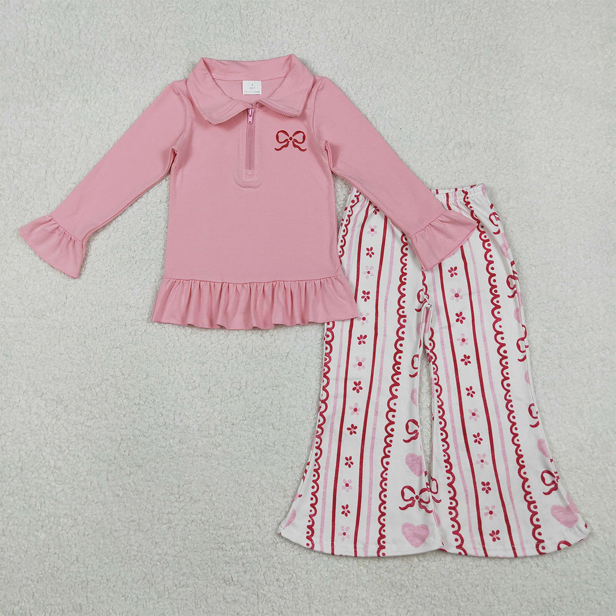 11.20 RTS NO MOQ （In stock）GT1270 Embroidery Bow Baby Girls Pink Long Ruffle Sleeve Zipper Valentines Pullovers Top