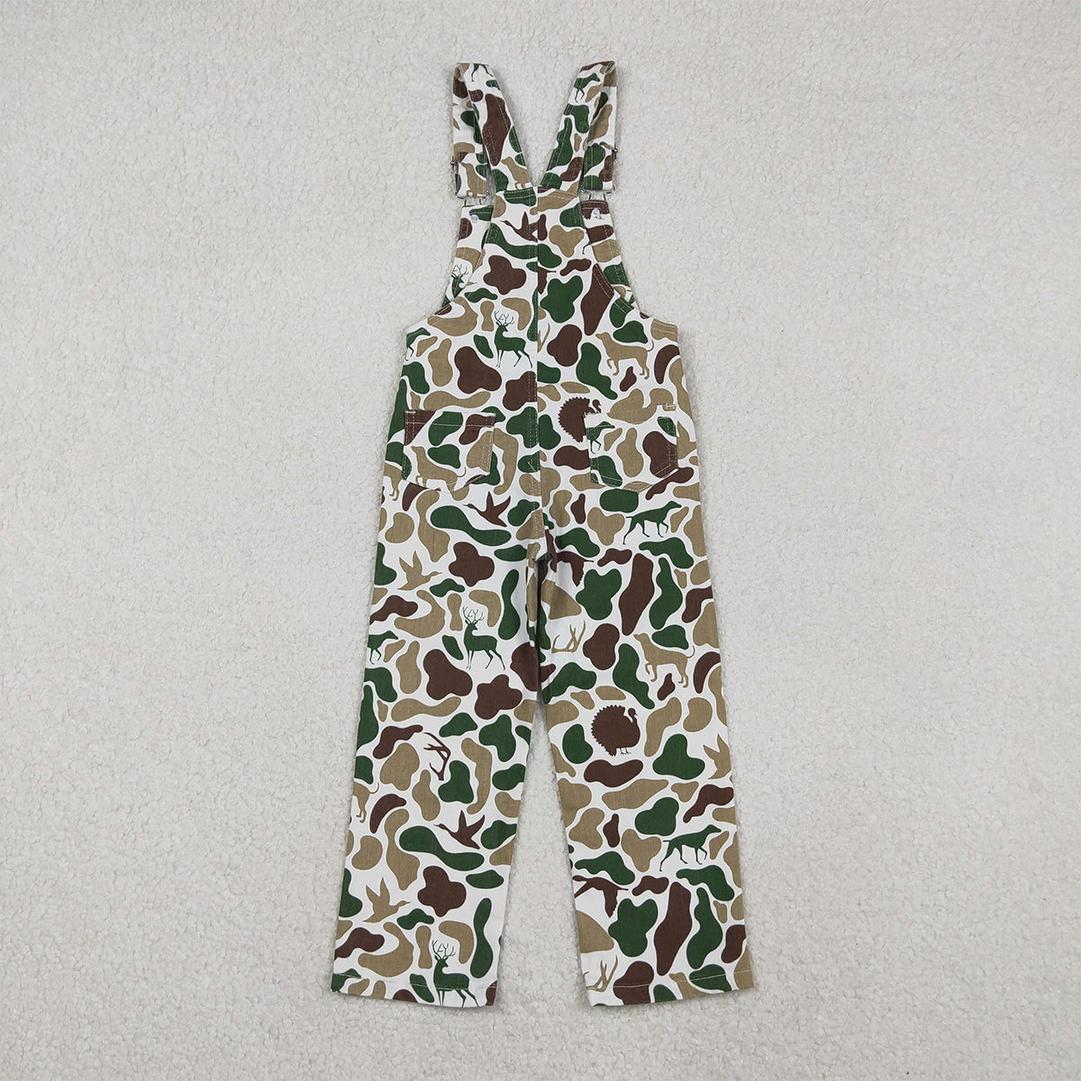11.5 RTS NO MOQ （In stock）P0828 Baby Boys Deer Ducks Turkey Camo Hunting Denim Jumpsuits