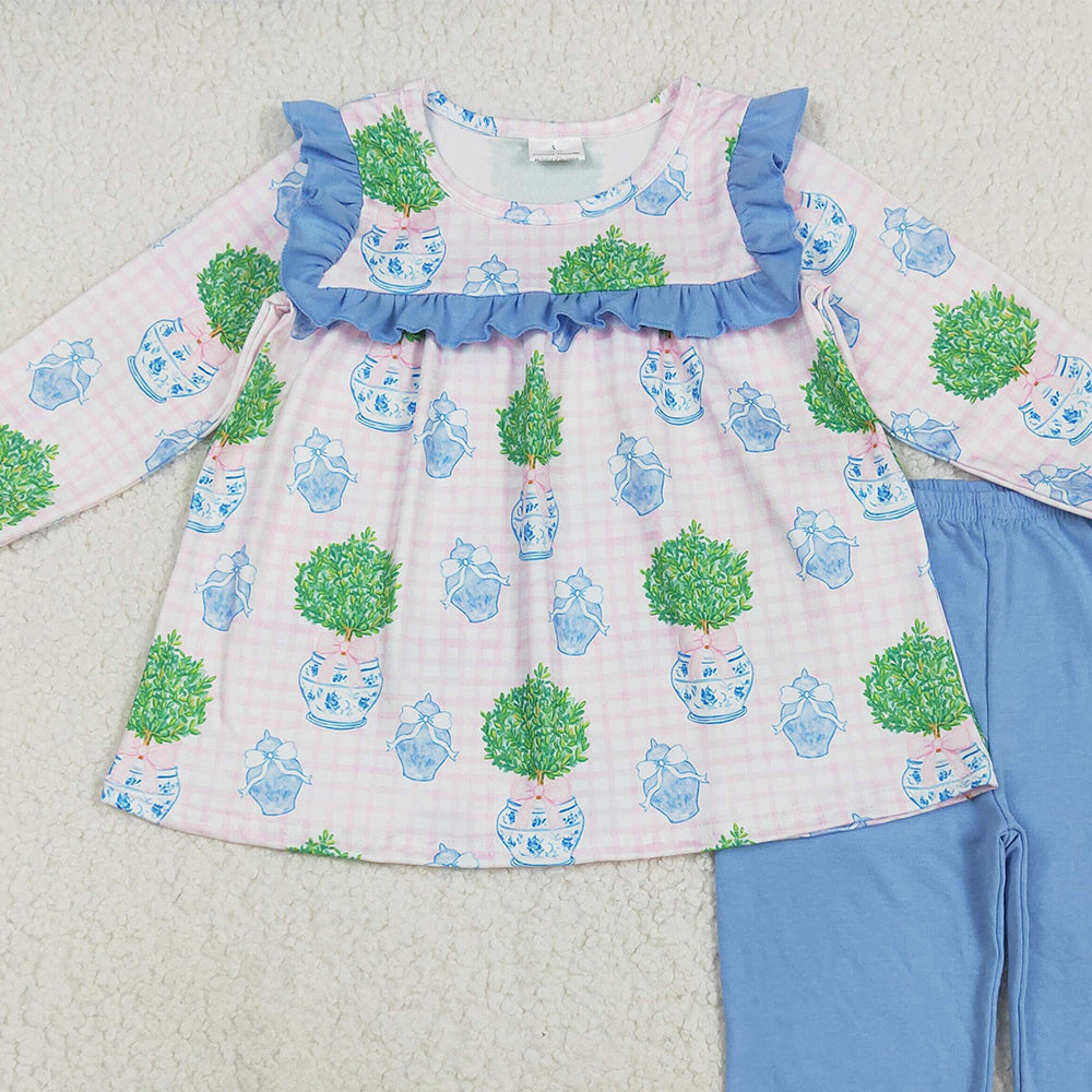 RTS NO MOQ （In stock）GLP2396 Baby Girls Winter Outfits Baby Girls Pink Long Sleeves Plants Tunic Blue Ruffle Pants Sets