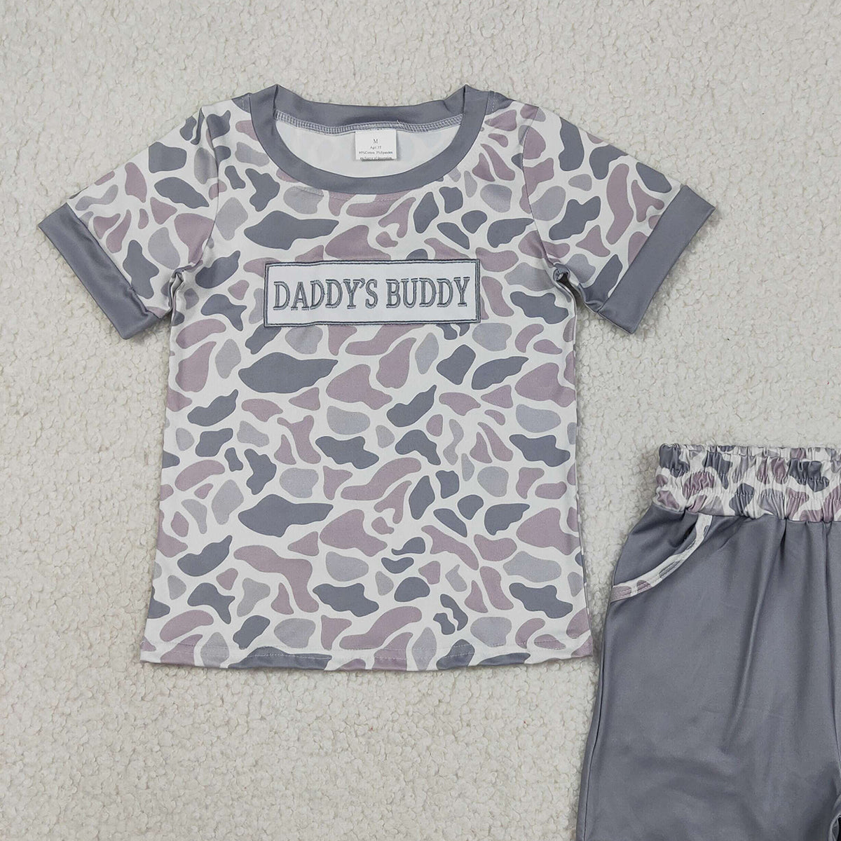 BSSO1838 RTS NO MOQ （In stock ）Grey camo daddy's buddy top shorts boys clothing set