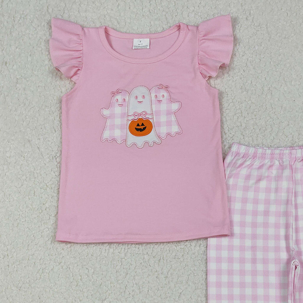 RTS NO MOQ （In stock）GSPO2058 Baby Girl Autumn Outfits Halloween Ghosts Pumpkins Top Pants Halloween Sets