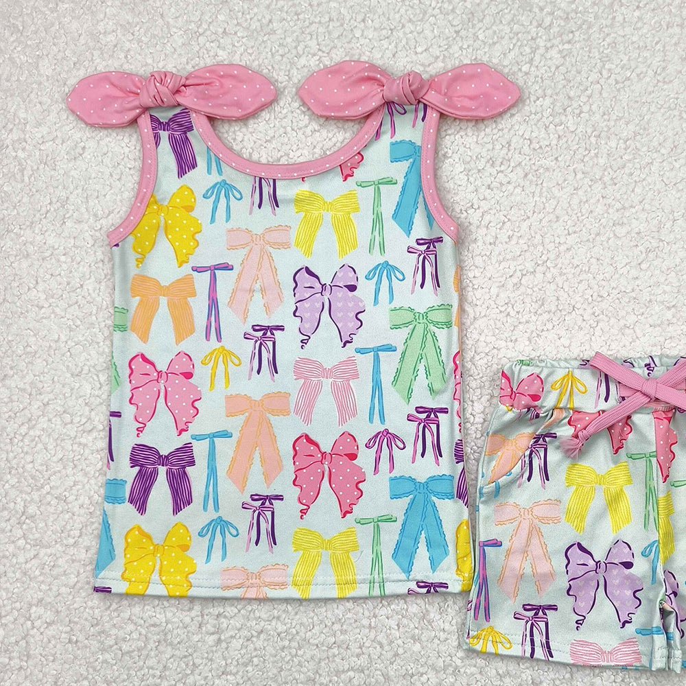6.09   GSSO2188RTS NO MOQ Baby Girls Summer Outfits baby girl clothes bow sleeveless shorts set
