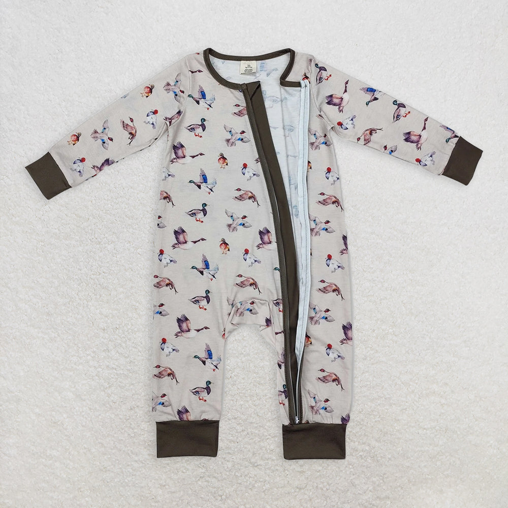 LR1880 RTS NO MOQ Baby Boys Winter Rompers Baby Infant Boys Grey Fall Ducks Hunting Zip Rompers preorder