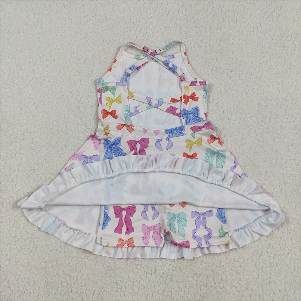 7.16 GSD2291 RTS NO MOQ Baby Girls Summer Yoga Dress Baby Girls Strap Colorful Bows Yoga Ruffle Knee Length Dresses