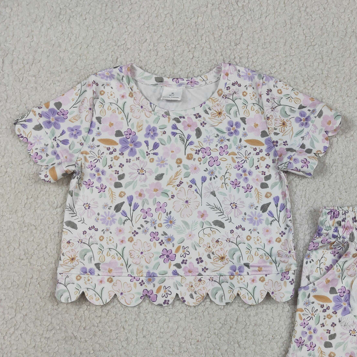 GSSO3267 RTS NO MOQ （In stock ）Lavender floral scallop top shorts girls summer clothes