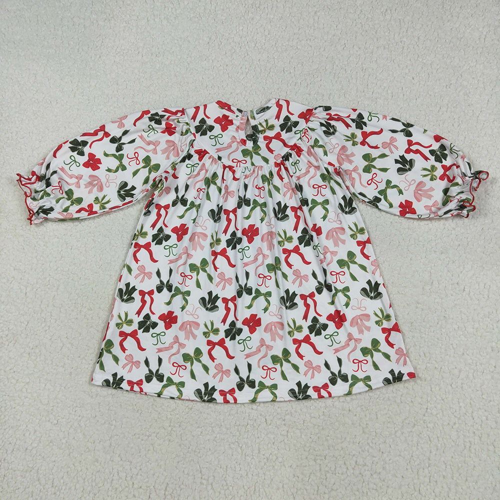 RTS NO MOQ （In stock）GLD1094 Baby Girls Winter Dress Baby Girls Smocked Embroidery Merry Christmas Colorful Bows Knee Length Dresses